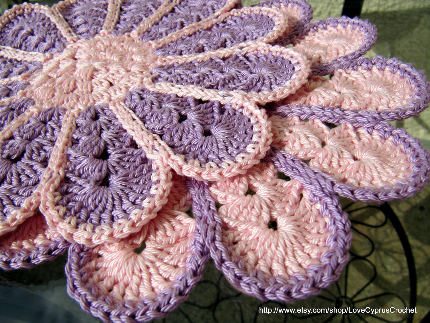 CROCHET PLACEMAT SET, Handmade Crochet Doily Round 20cm Set of 2, Pretty Pink Flower Crochet Doily Set, Easter Gift, Crochet Lyubava