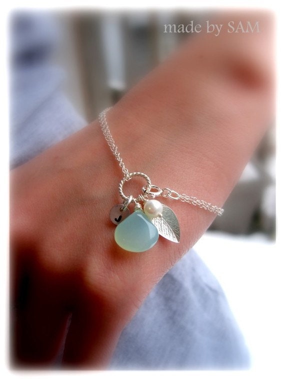 Eternity Leaf bracelet Sea foam aqua blue mint chalcedony pearl