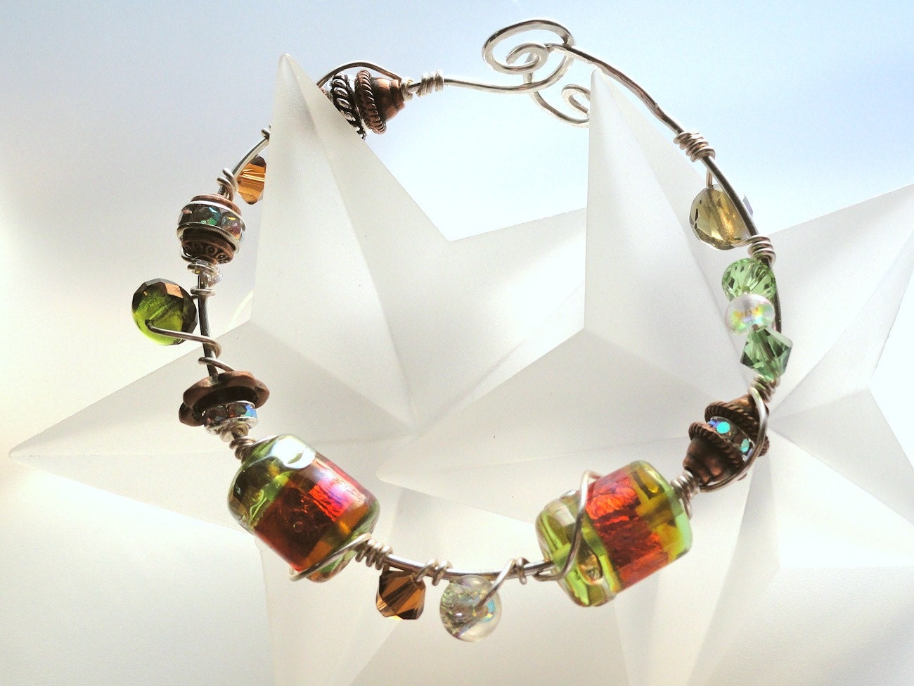 Spring Green & Bronze Wire Wrapped Lampwork Bead Sterling Silver Bracelet