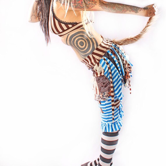 Tattered Tail Skirt, Patchwork Mini Carnival Stripe Brown Blue, punk rock Road Warrior Wild One OOAK