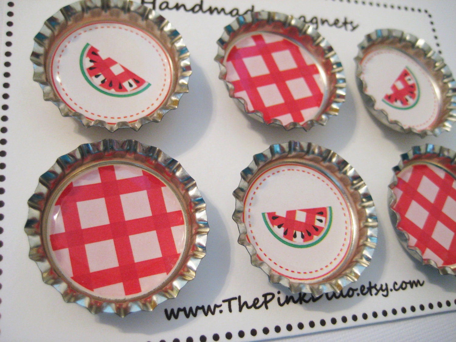 Bottle cap magnets, red gingham watermelons, set of 6