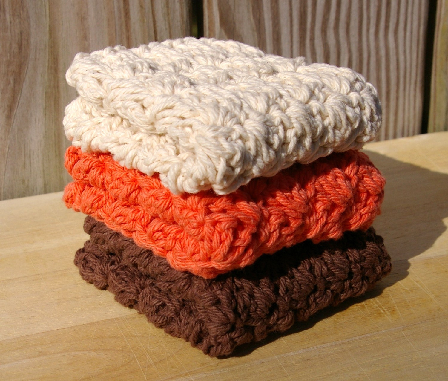 Cotton Dish Cloths in Autumn Fall Brown, Ecru, Tangerine