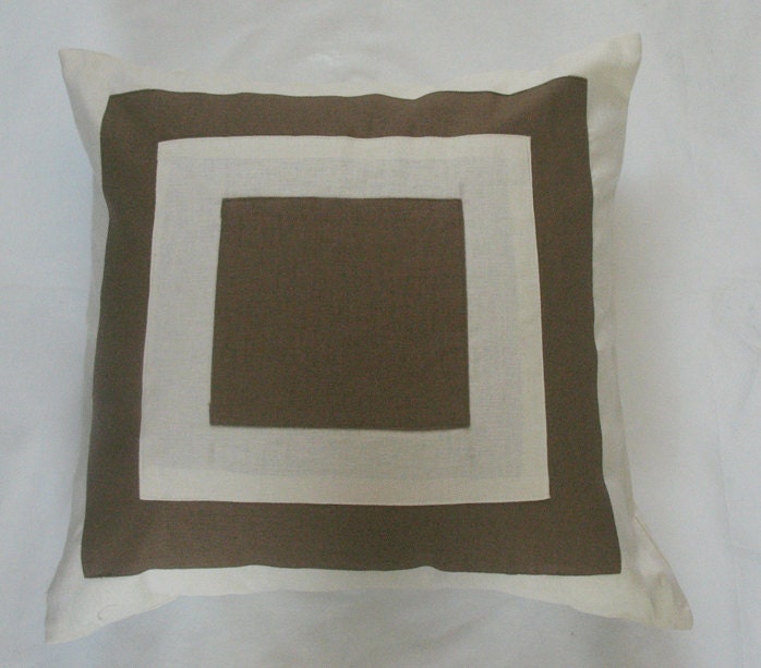 cream and dark khaki throw pillow cover  with square graphic design linen 16 inch