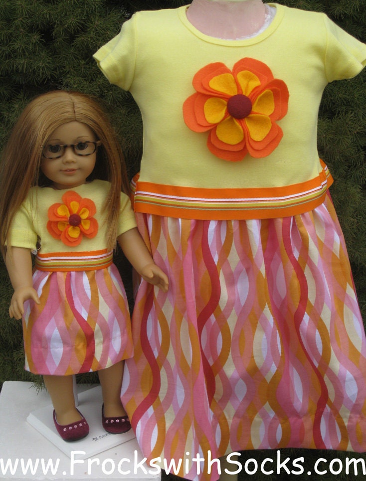 FROCKS with SOCKS 2T thru 8 Orange Seaweed Yellow Matching Girl and Doll Dresses