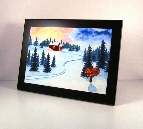 Snowy Landscape Card, 5x7 Art Print, Cross Country Ski Cabin
