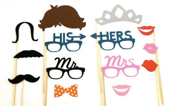 Photo Booth Props Set of 14 His and Hers Mr and Mrs Hipster Set Glasses 
