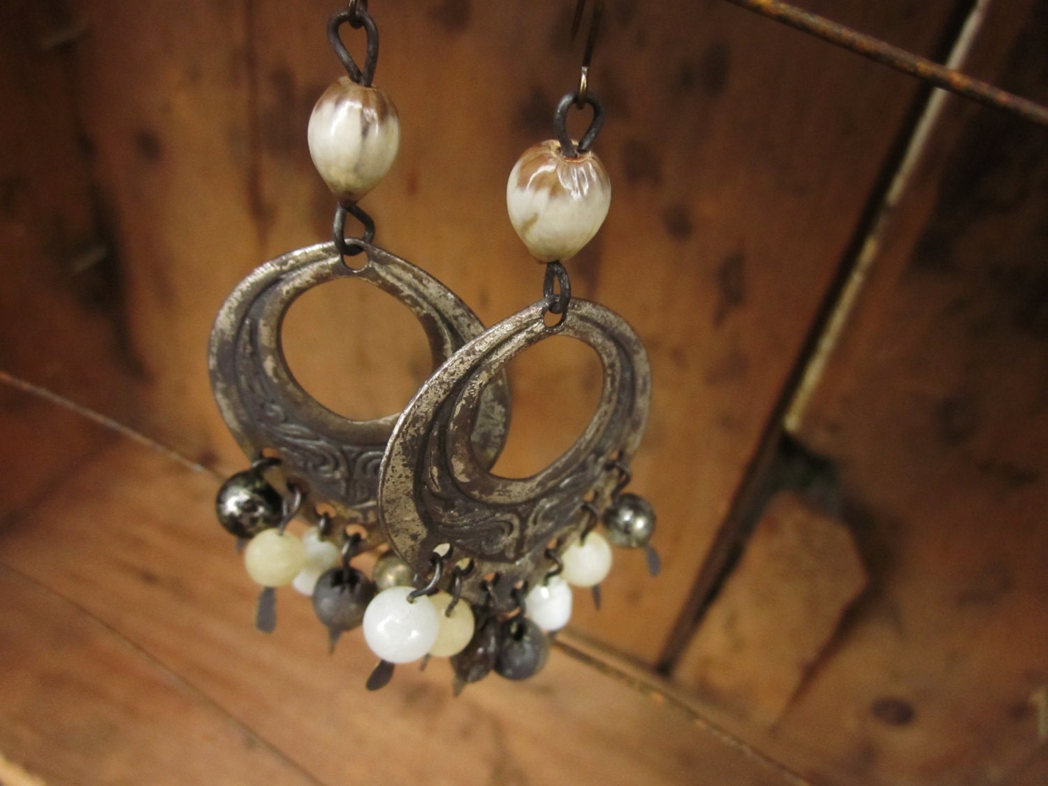 25% Of Sales Donated To Henryville,IN Vintage Oxidized Metal Hoop and Beaded Rustic Boho Assemblage Earrings
