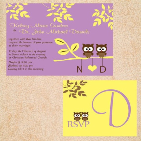 Modern Love Owls Wedding Invitations Sample Set Brown and Yellow