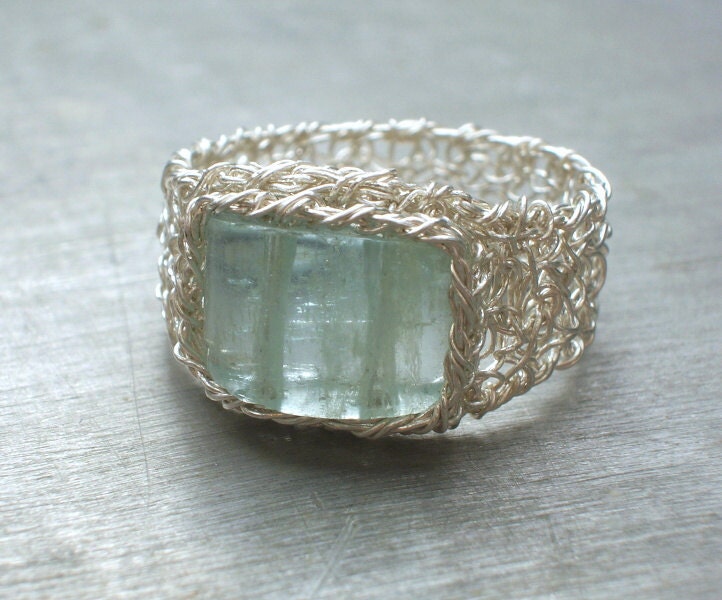 Aquamarine Ring Fine Silver Wire Crochet Ring