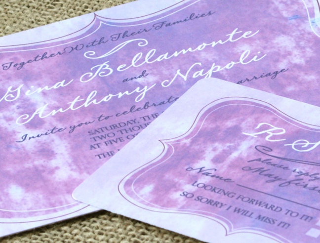 Purple Watercolor Painted Wedding Invitation, hand made artistic, customizable colors
