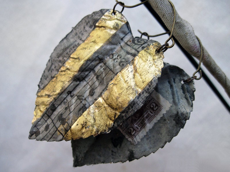 Hymns to Freedom. Gilded Assemblage Earrings of Leaves and Music.
