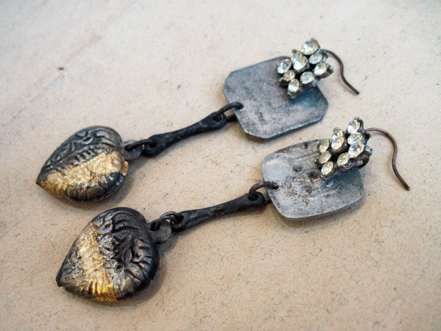 Scratch at the Heart of Life. Vintage Antique Victorian Tribal Assemblage Earrings with Rhinestones.