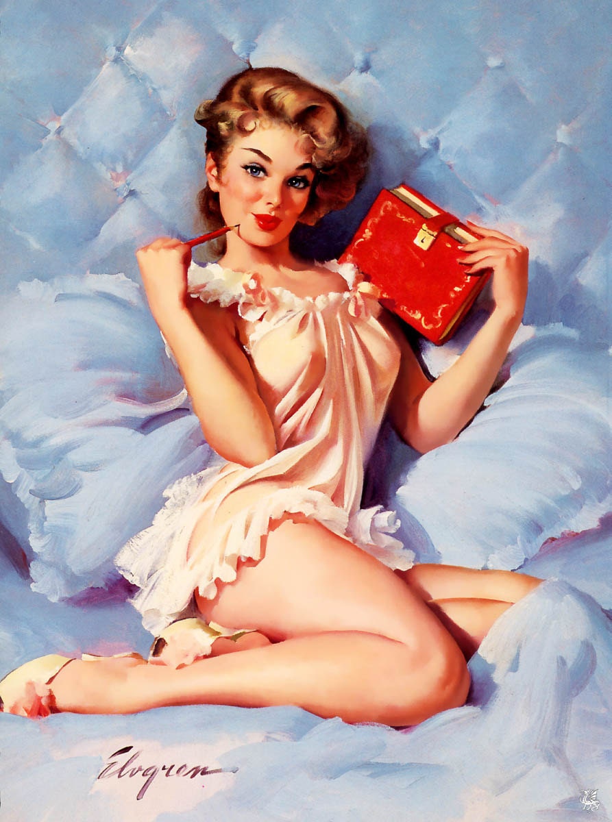 Free US shipping Handprinted Cotton Art Reprodn Applique Vintage Sexy Pin-up Girl Gil Elvgren "Thinking of you" , 1962