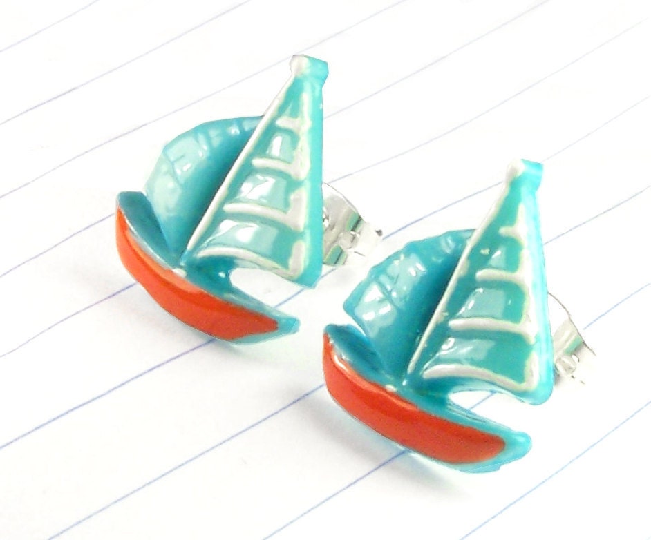 Sail boat studs - sail boat earrings - turquoise and red - nautical studs - nautical earrings - turquoise earrings - turquoise studs