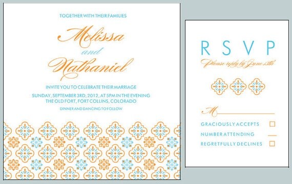 Moroccan Tile Aqua and Orange Wedding Invitation square size 