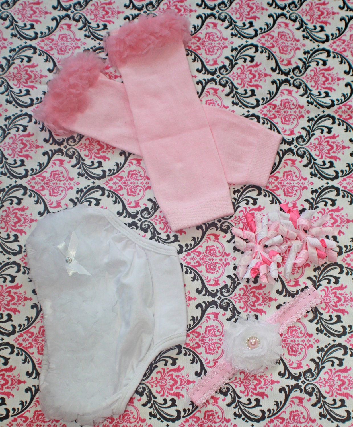 Photo Prop Complete Set - Pink and White Spring Baby Girl - Ruffled Diaper Cover - Ruffled Leg Warmers - Flower Headband and Hair Bows