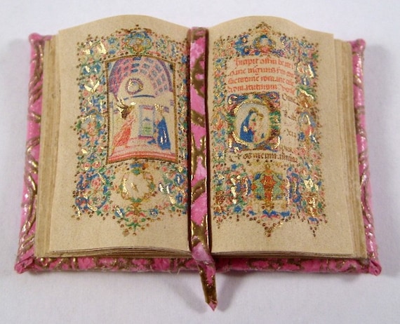 Miniature Book Medieval Gold Illuminated Open Book Ooak Pink Miniature Books Antique Books Book Art