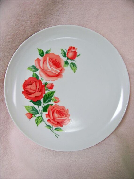 8 Matching Vintage Shabby Rose Plates White Melmac