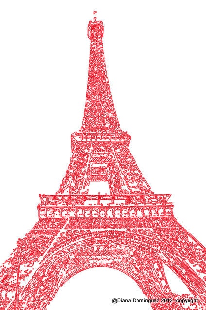 Eiffel Tower in Red - Paris Sketch 8x10 Abstract Drawing. From ddfoto