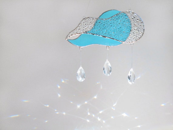 Rain Cloud Stained Glass Suncatcher Sun Catcher Blue Crystals Handmade OOAK 247