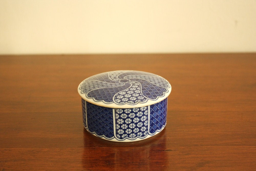 Navy blue and white round porcelain box with lid