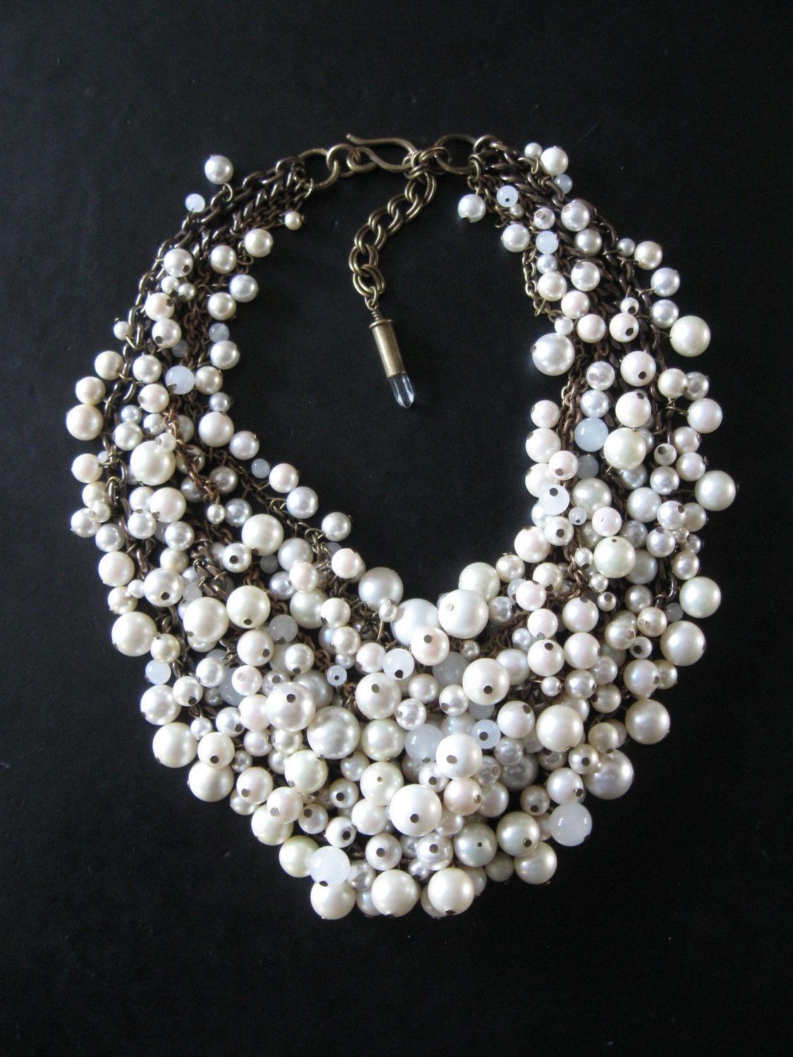 Pearl Statement Necklace - Mermaid Farts - Creamy White and Brass Recycled Faux Pearl Bib - Eco Friendly