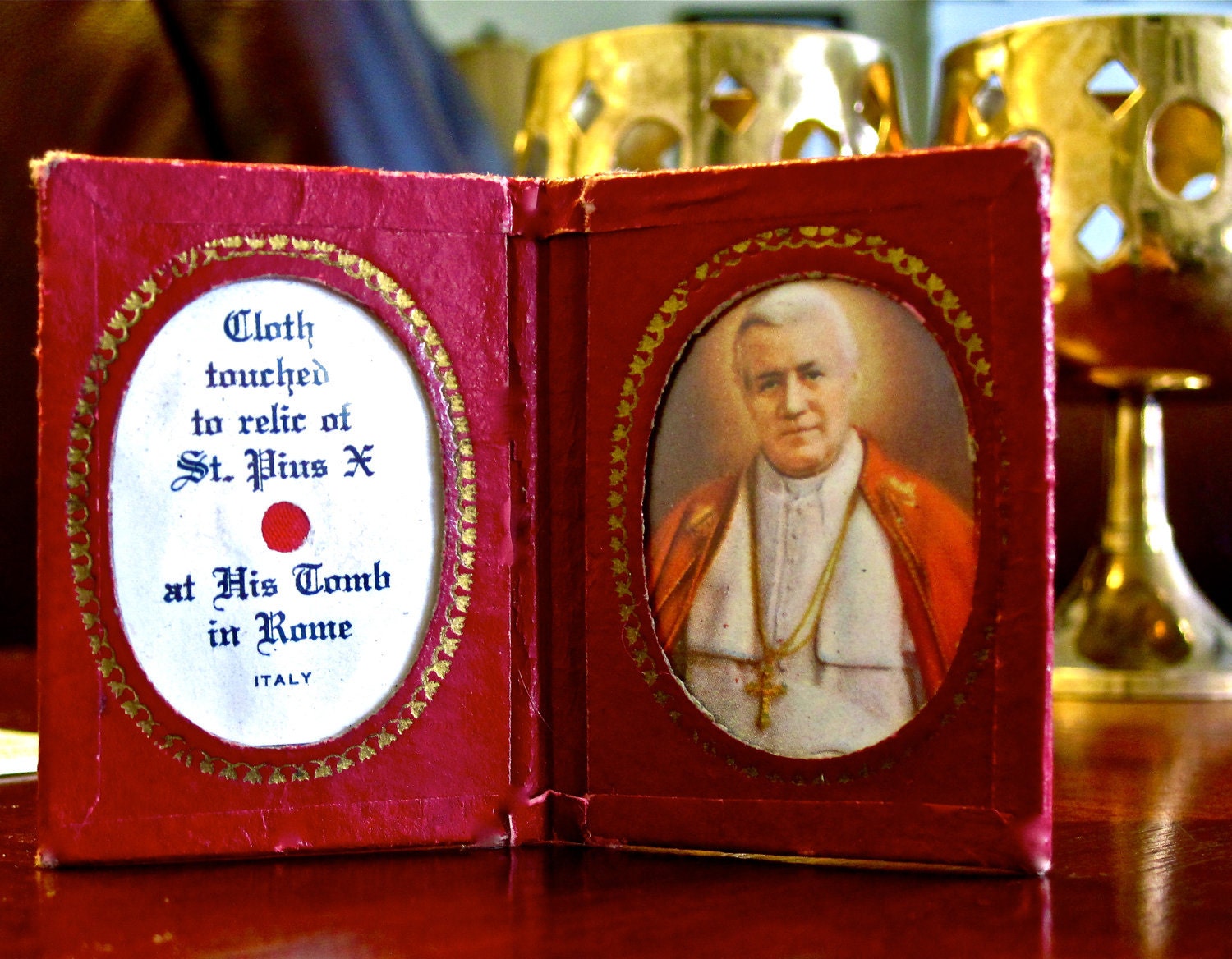 Antique Mid-Century Catholic Relic Book - Bound & Framed Cloth Touched to Relic of St Pius with Picture Made in Italy
