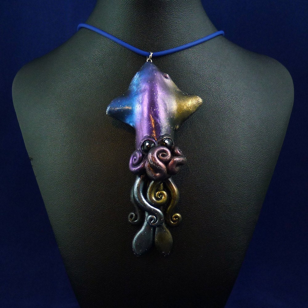 Deep Space Squid Necklace - Polymer Clay Cephalopod Jewelry