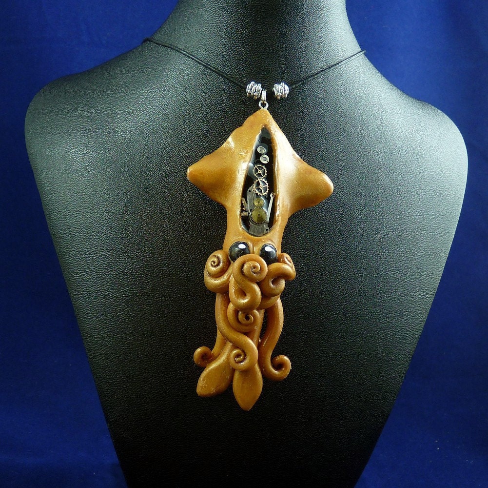 Brass Steampunk Squid Necklace - Polymer Clay Neo-Victorian Jewelry