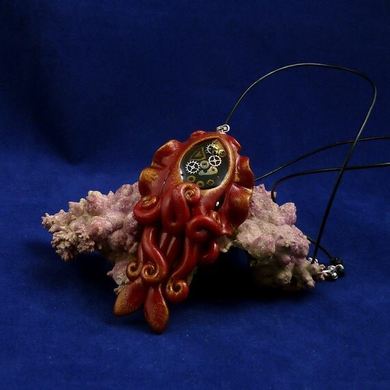 Gilded Steampunk Cuttlefish Necklace - Handmade Polymer Clay Jewelry