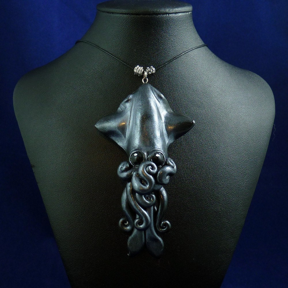 Gray Squid Necklace - Polymer Clay Squid Jewelry