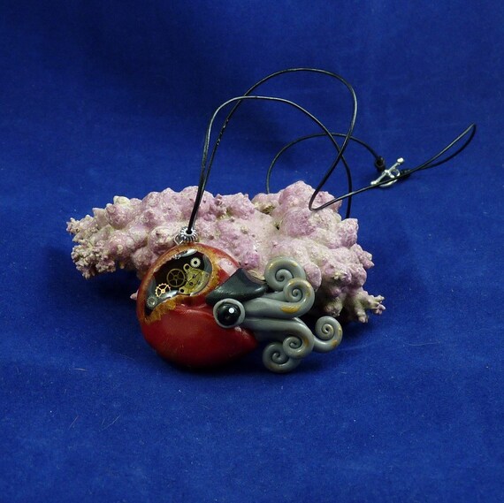 Gilded Steampunk Nautilus Necklace - Polymer Clay Jewelry Pendant