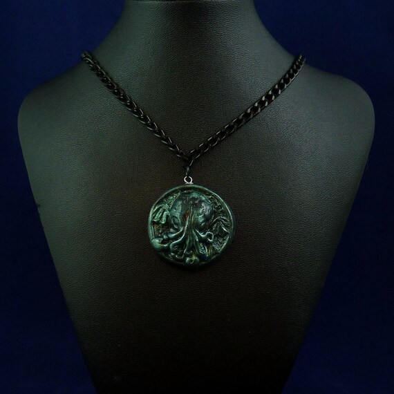 Dark Green Small Cthulhu Cameo Necklace with Chain - Polymer Clay Fashion Jewelry