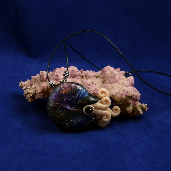 Deep Space Nautilus Necklace - Handmade Polymer Clay Jewelry
