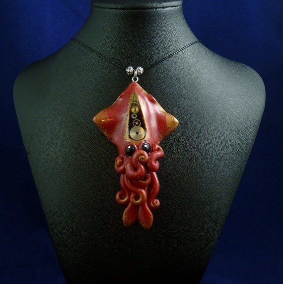 Gilded Steampunk Squid Necklace - Polymer Clay Jewelry