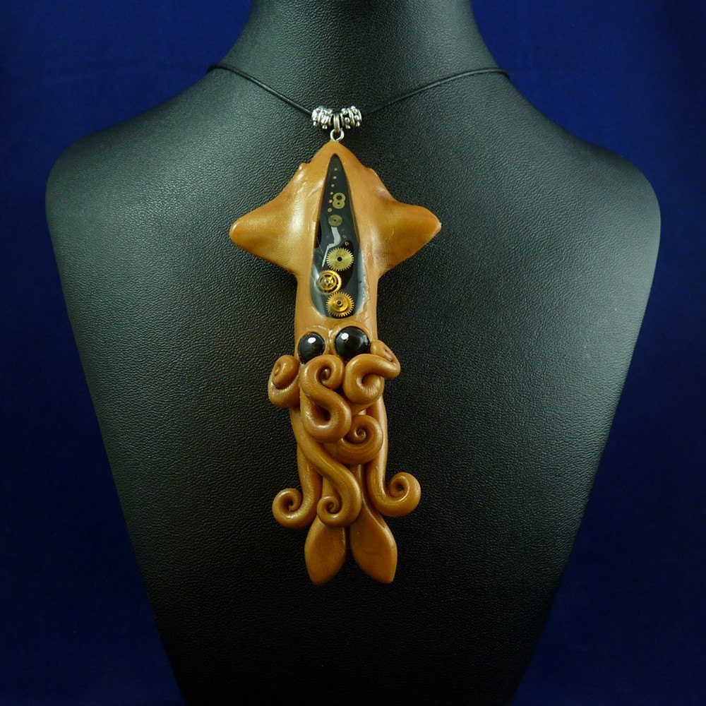 Brass Steampunk Squid Necklace - Handmade Polymer Clay Jewelry