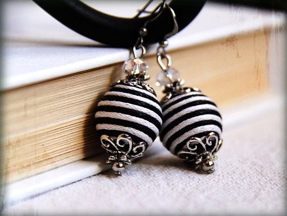 NOIR earrings Black and white striped cotton cord beaded earrings, mod style, gifts under 20, round dangling earrings