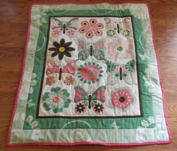 Hand-Stitched Flowers/Butterflies Baby Quilt