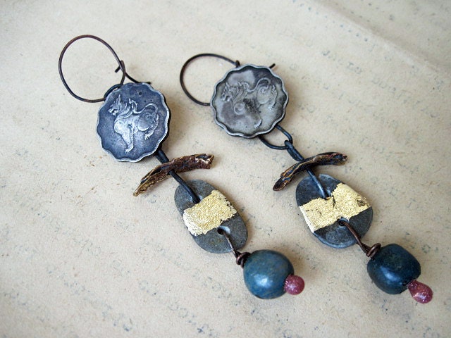 Sea So Deep. Rustic Victorian Tribal Assemblage earrings with Gold Gilding.