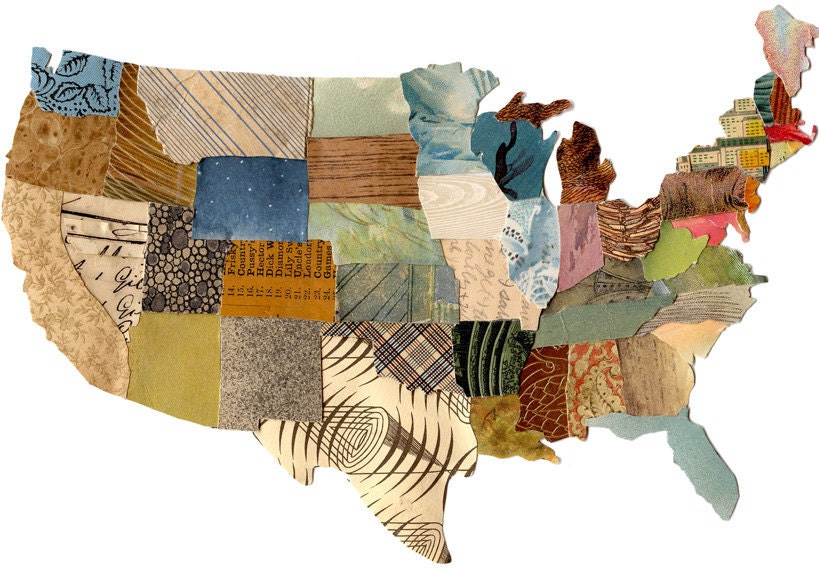 U.S. map contiguous, United States map, cut paper US map, collage US map, mixed media US map