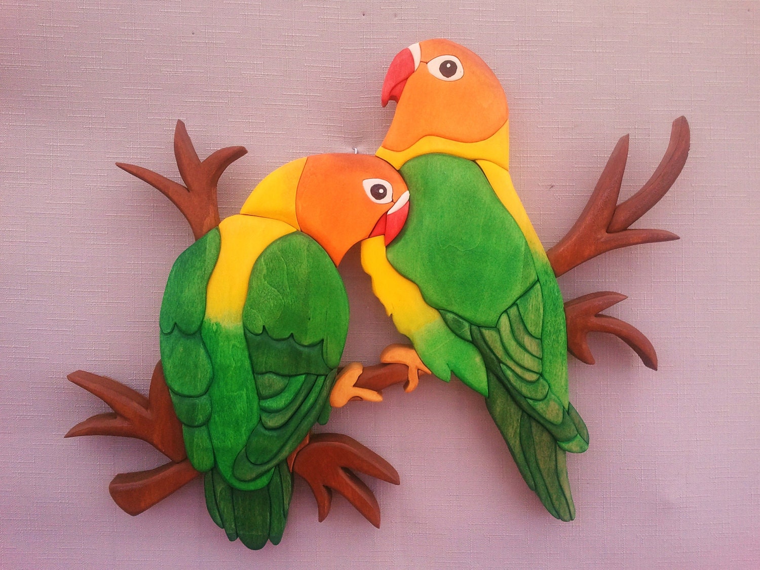 Parrot Love birds Tropical Birds Wall Hanging Wood Art Intarsia Wood Mosaic Acrylic Painting