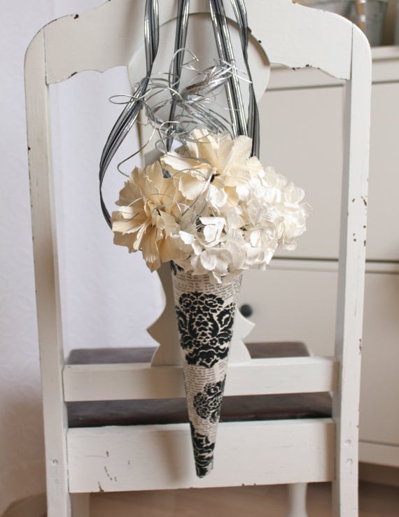 10 Handmade wedding pew decor paper flowers and naturals black and white