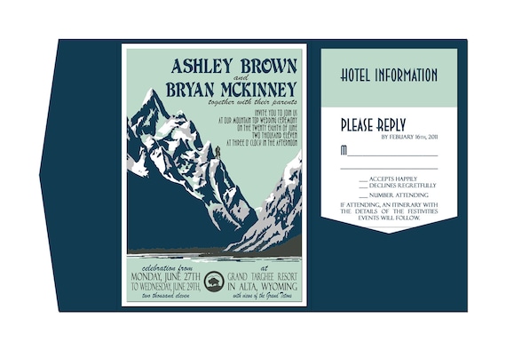 Vintage Mountain Wedding Invitation Pocketfold PDF DIY printing