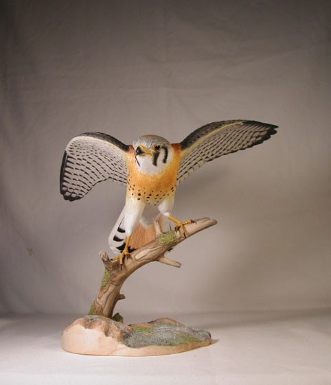 Open-winged American Kestrel male Hand Carved Wooden Bird