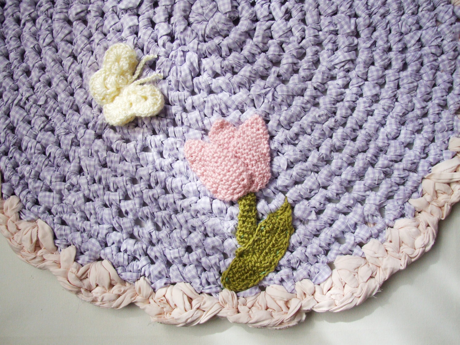 Upcycled Crochet Rug Children's Nursery Rug Purple Gingham with Crochet Tulip Flower and Butterfly as Featured in Inside Crochet Magazine