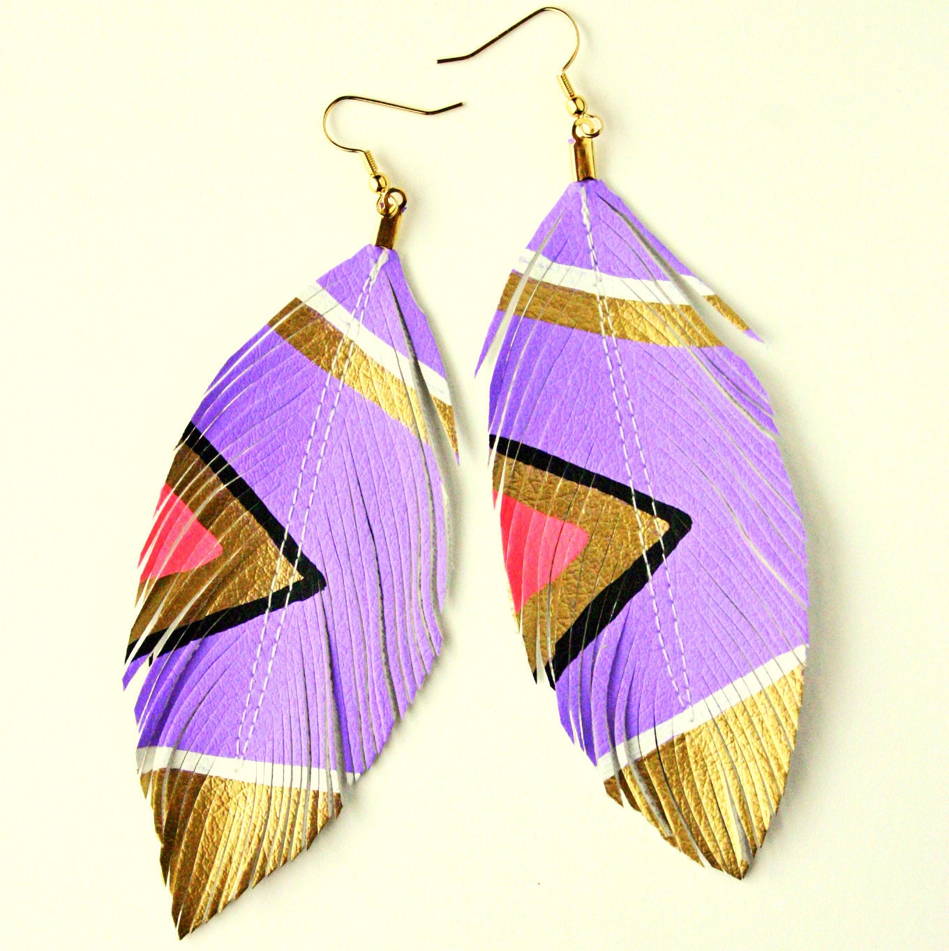 FEATURED in Mpls/St Paul Magazine - SALE - Neon Aztec  -  Lilac Purple - Hand Painted Faux Leather Feather Earrings