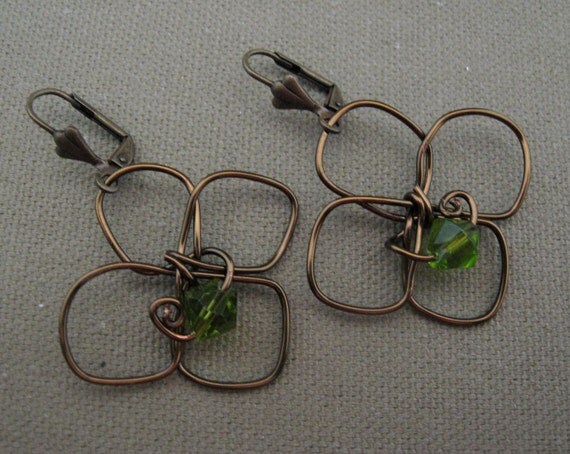 Wire Wrapped Flower Green Crystal Earrings
