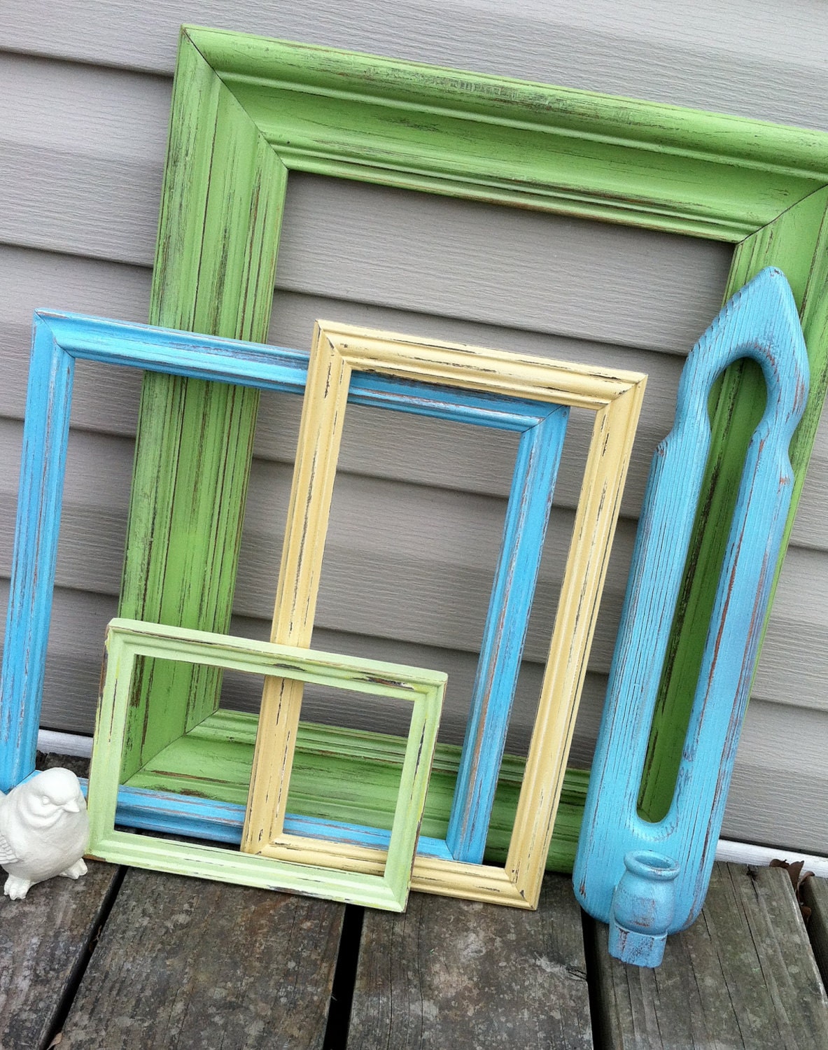 Beach Decor Open Frame Grouping, Green/Yellow/Blue Frames, Wooden Sconce, Instant Collection