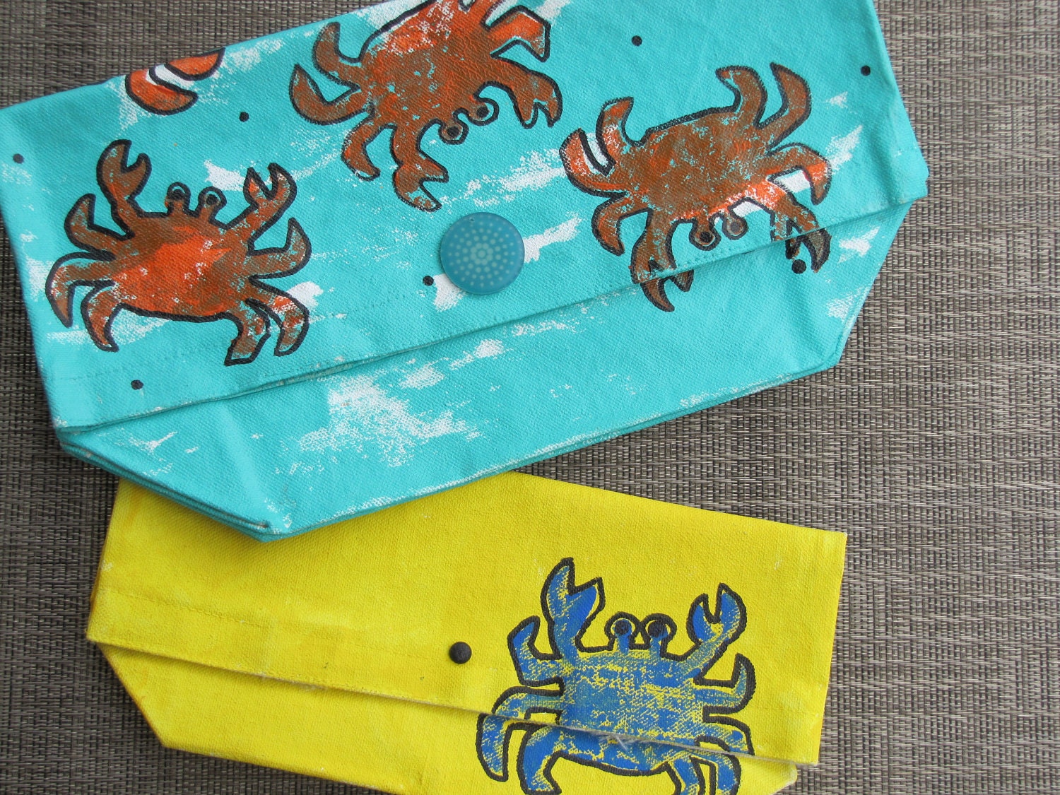 Hand-Painted,  Canvas Clutch Bags - "Tomato Crab" -in Turquoise  (LARGE)