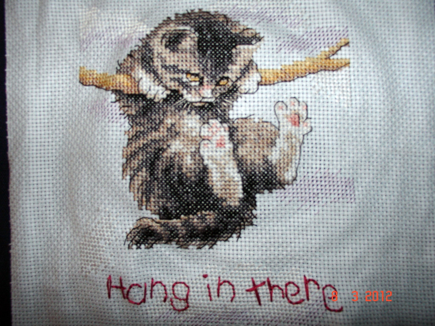 Kitten cross-stitch 'Hang in There'